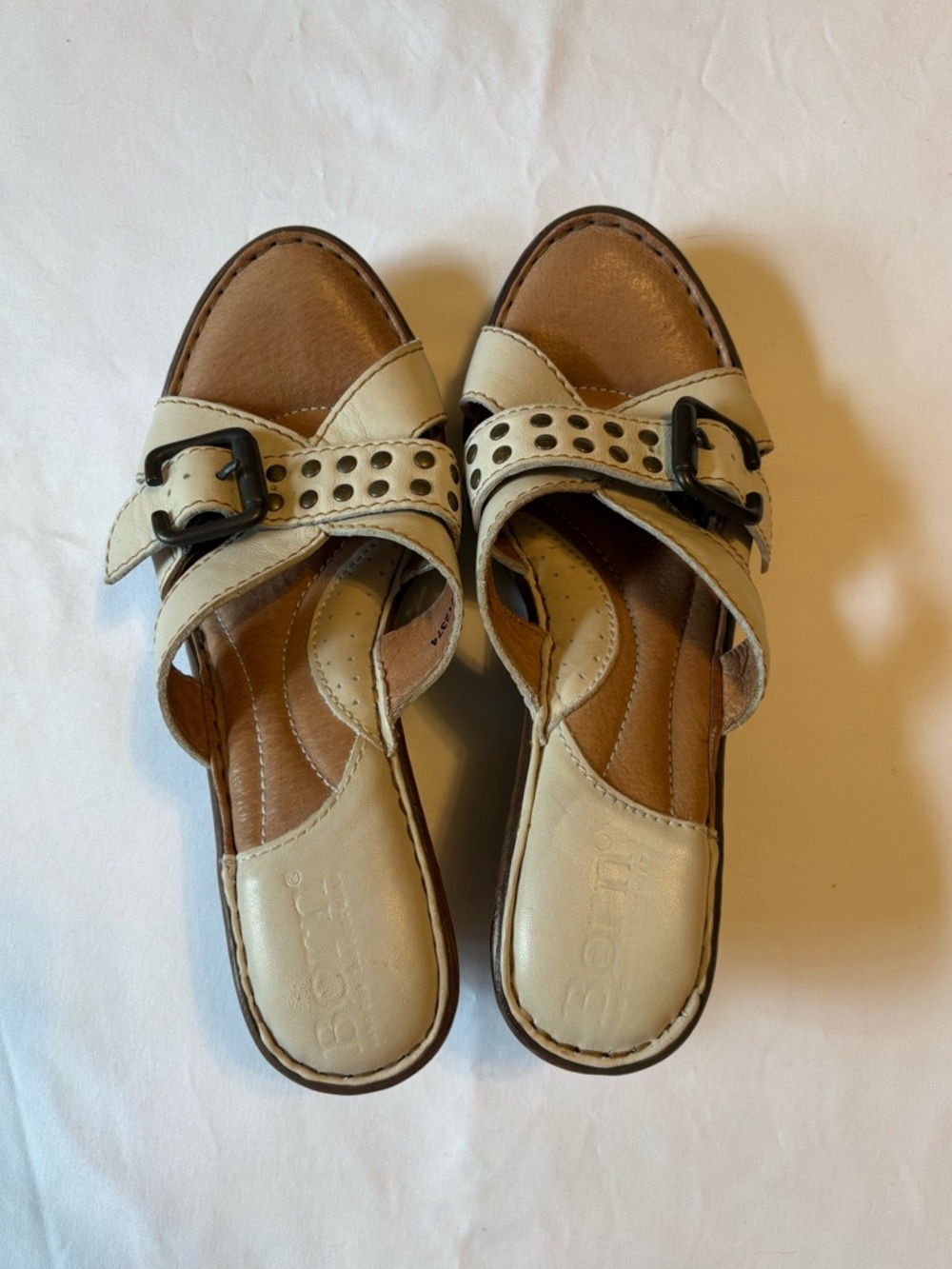 Beige Leather Slide Sandals with Buckle
